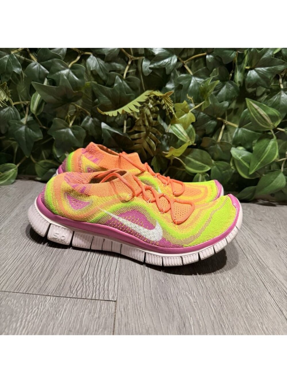 Nike Free 5.0 Flyknit Womens Size 7.5 Running Shoes Rainbow Atomic Pink